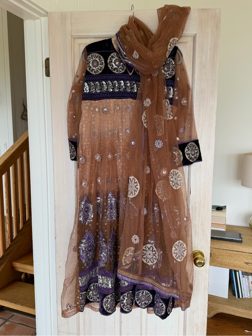 Girls Brown & Purple Embroidered Party Costume with Scarf (3 Pieces)